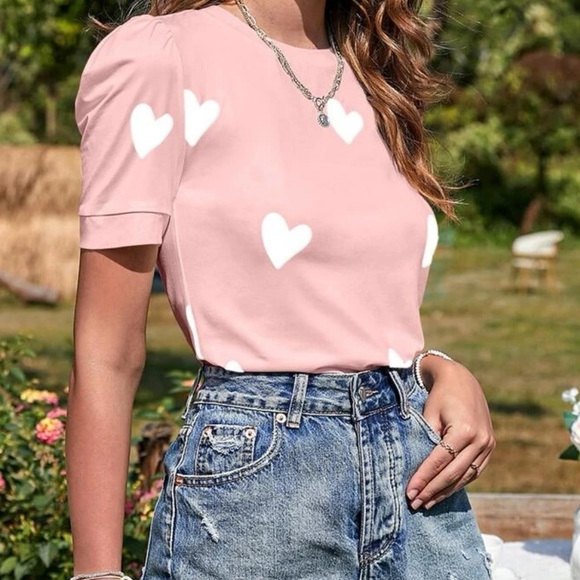 New heart print pink white short sleeve top - Picture 3 of 5